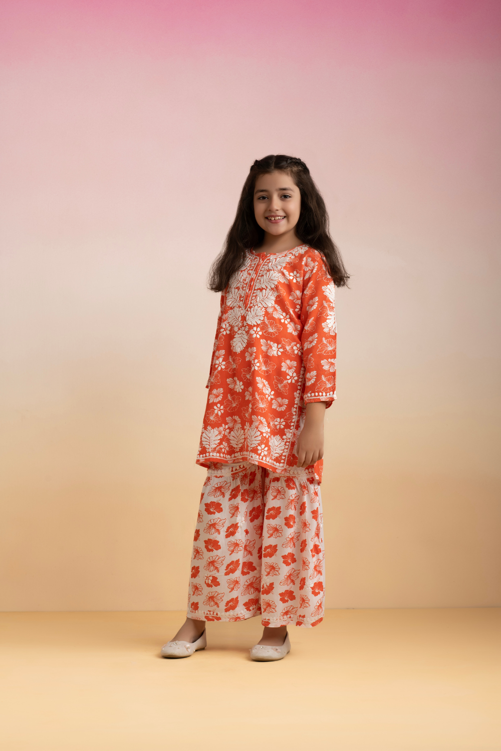 Sanya Kids Cotton Printed Chikankari Set - Orange