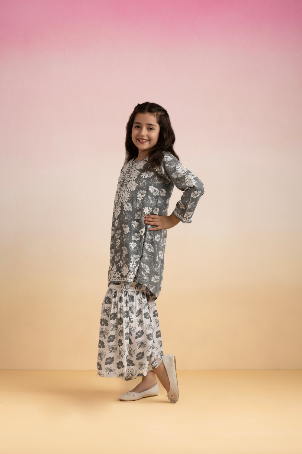 Sanya Kids Cotton Printed Chikankari Set - Grey