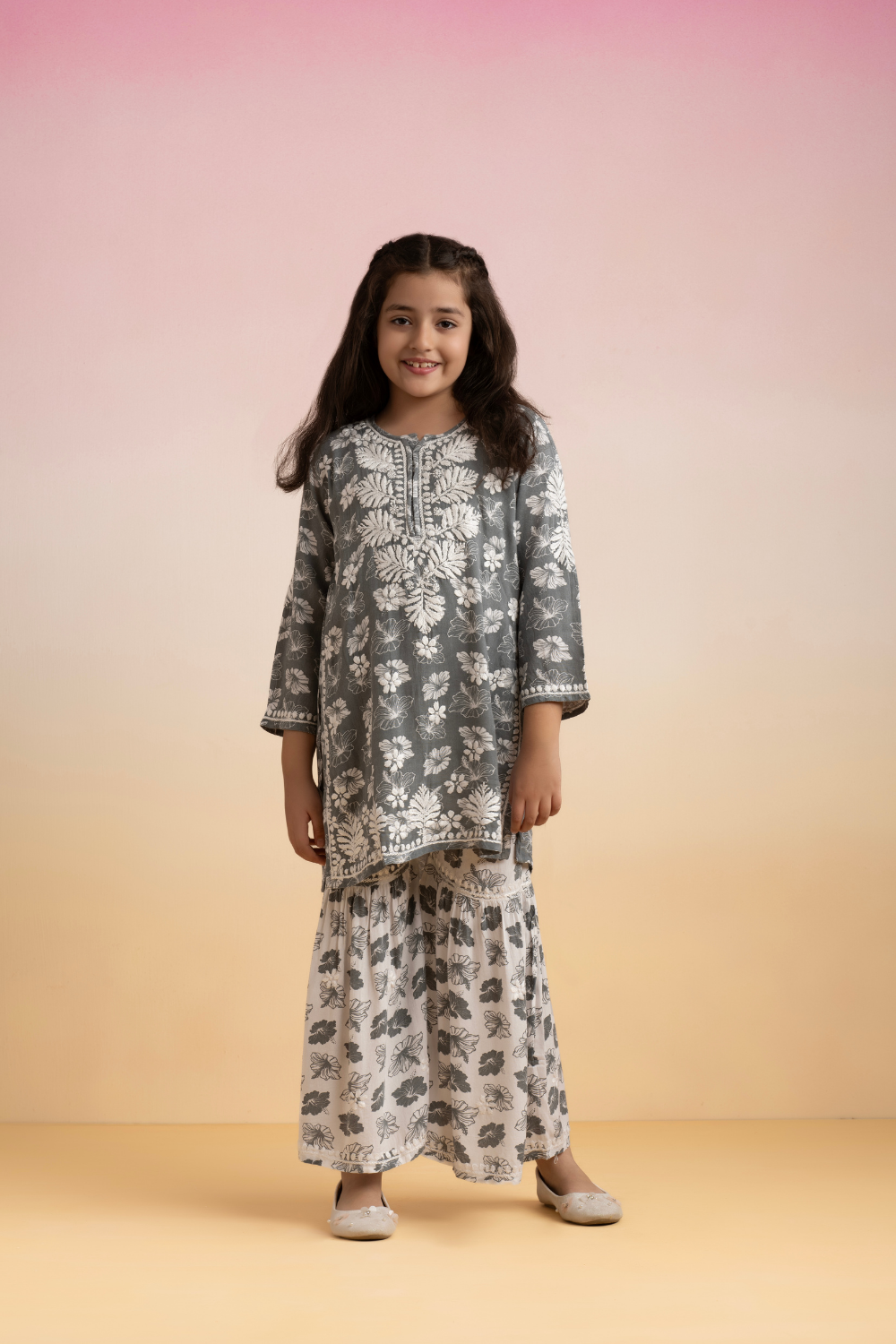 Sanya Kids Cotton Printed Chikankari Set - Grey