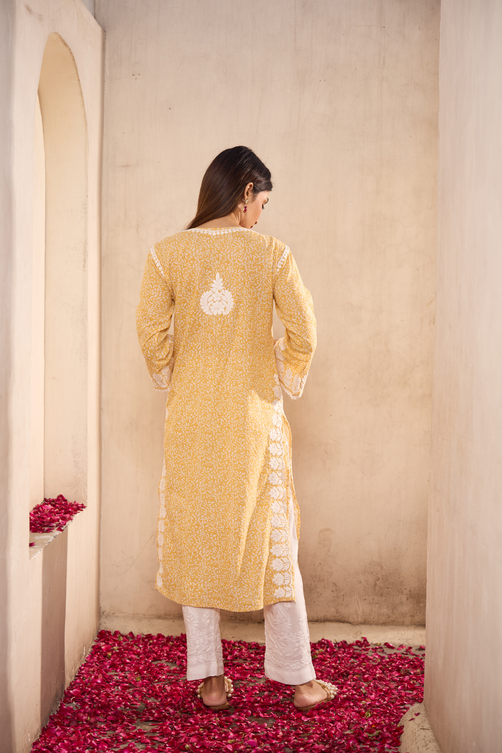 Ariz Mul Cotton Printed Chikankari Kurti - Yellow