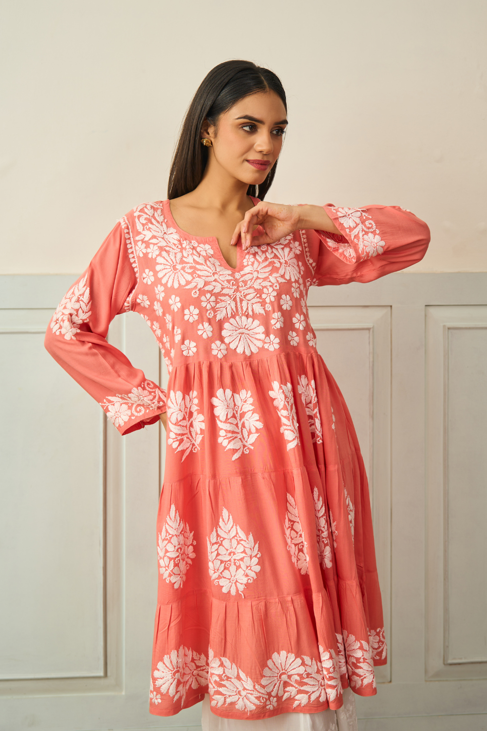 Hiba Modal Short Chikankari Anarkali - Peach