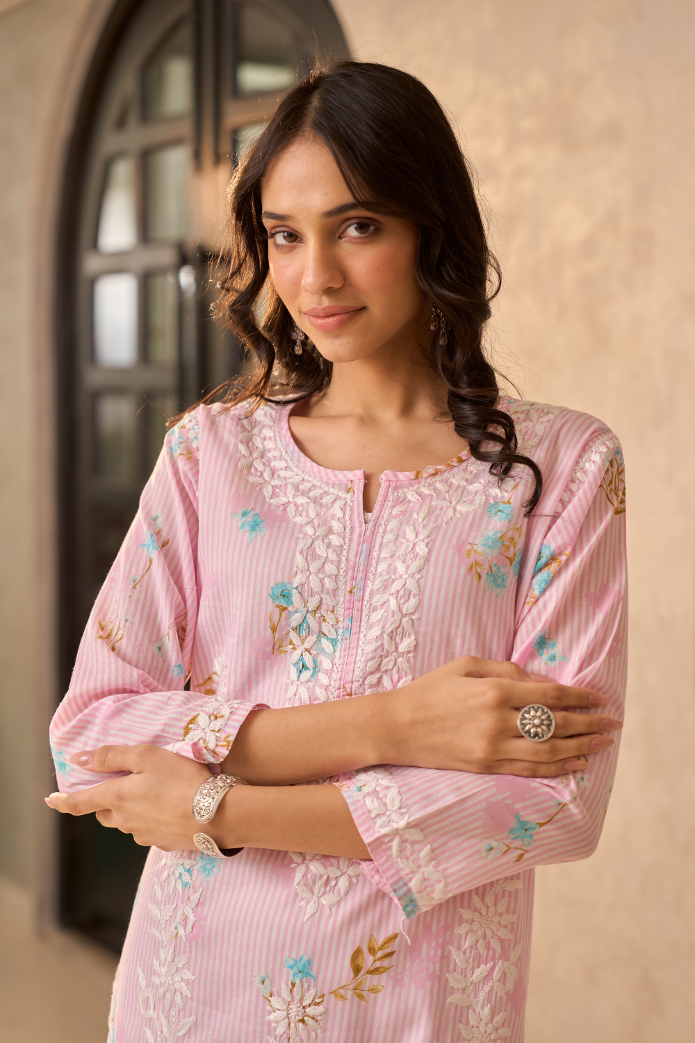 Afra Mul Cotton Printed Long Chikankari Kurti - Pink