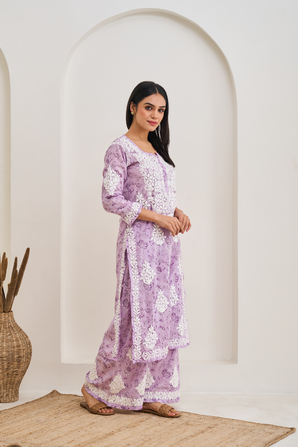 Sidra Printed Mul Cotton Chikankari Set - Lavender