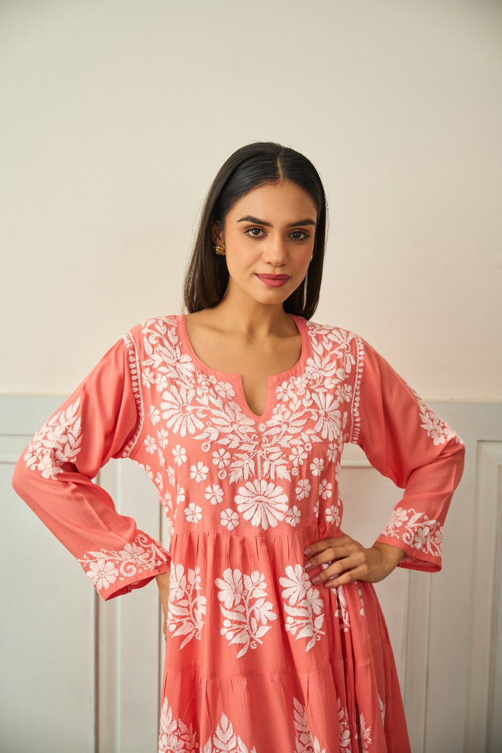 Hiba Modal Short Chikankari Anarkali - Peach