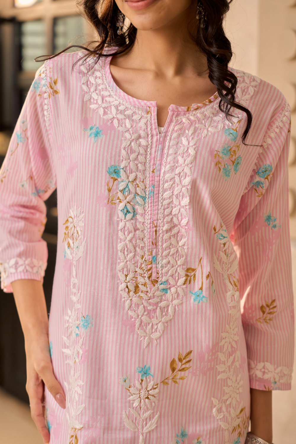 Afra Mul Cotton Printed Long Chikankari Kurti - Pink