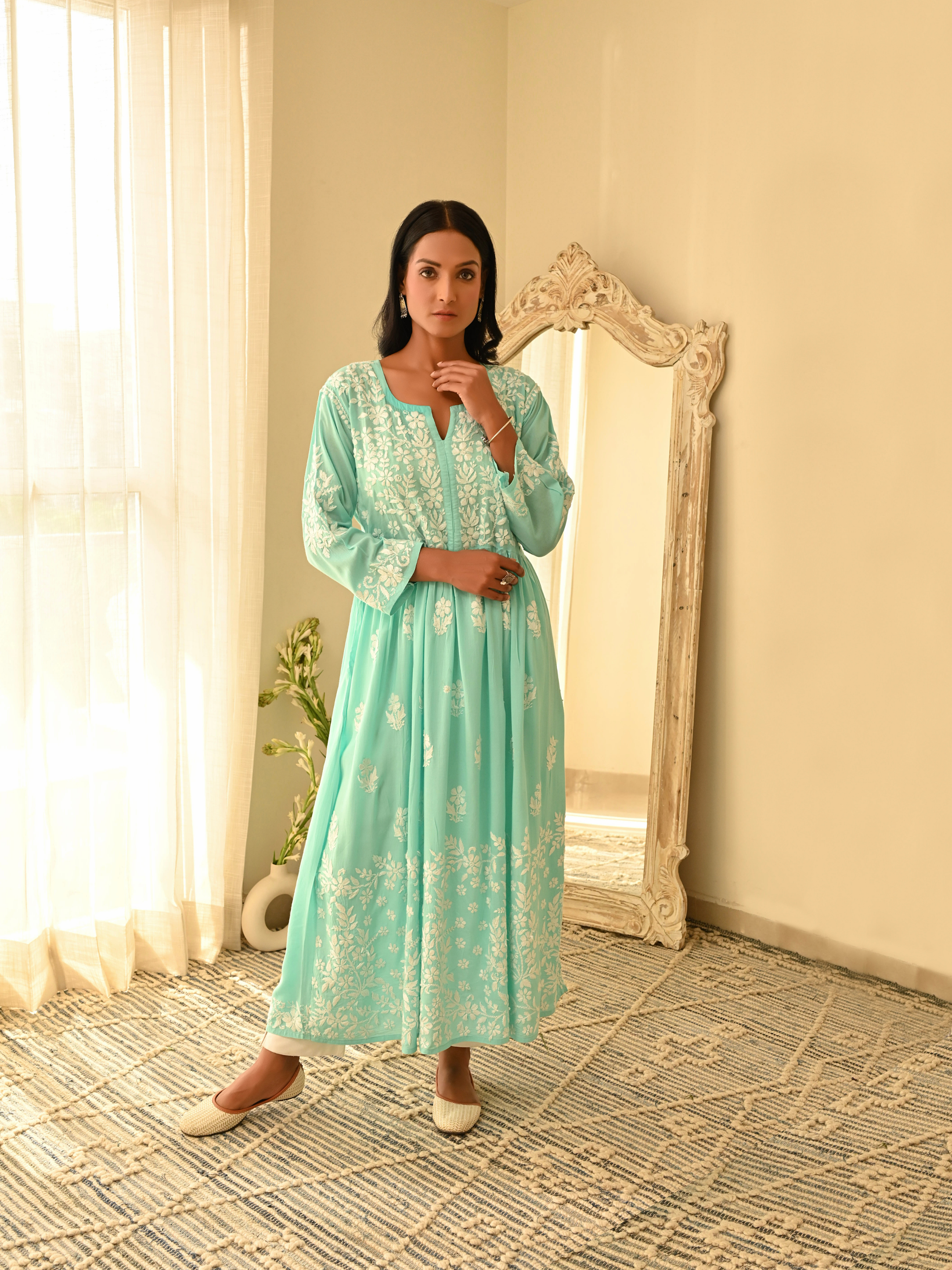 Zahra Modal Cotton Anarkali - Aqua Blue