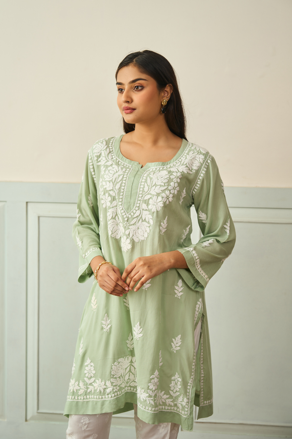 Nora Modal Chikankari Short Kurti - Green