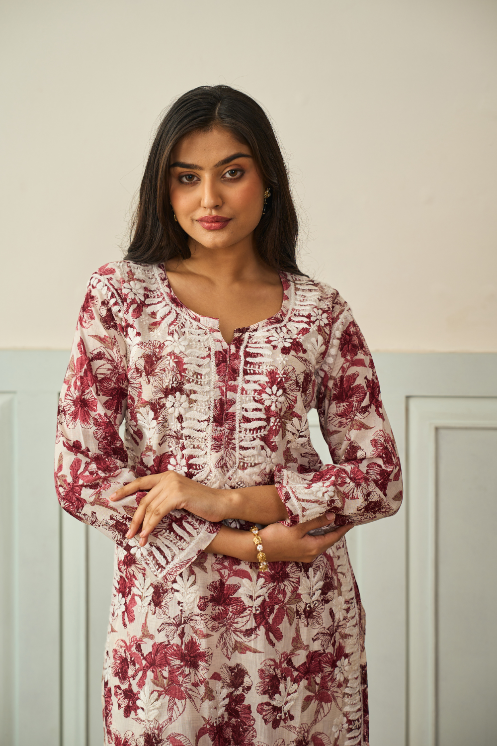 Ambar Mul Cotton Printed Long Chikankari Kurti - Maroon