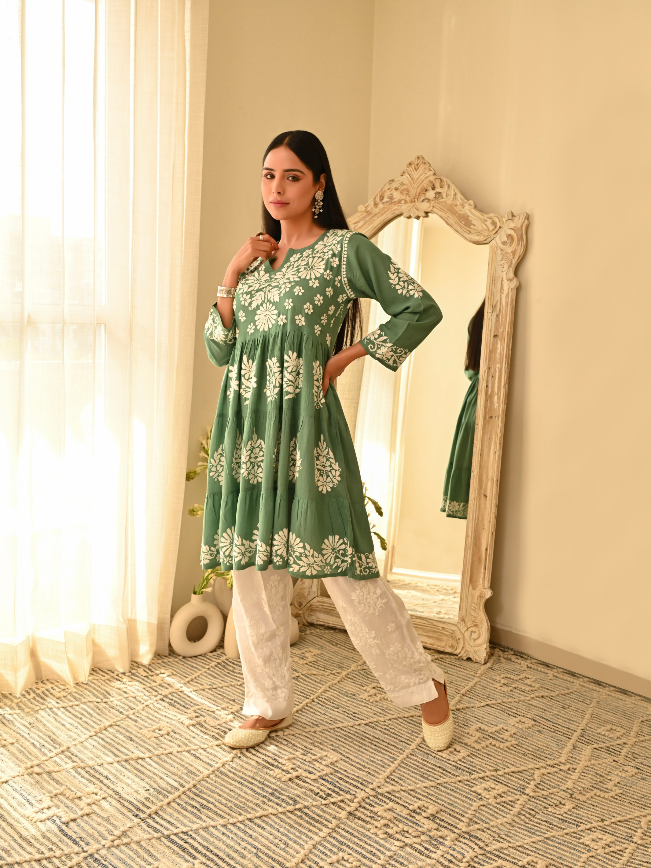 Hiba Modal Short Anarkali - Dusty Green