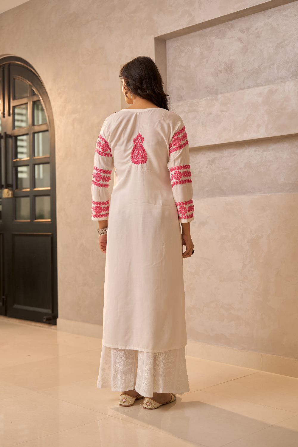 Benazir Modal Cotton Chikankari Kurti - White/Pink