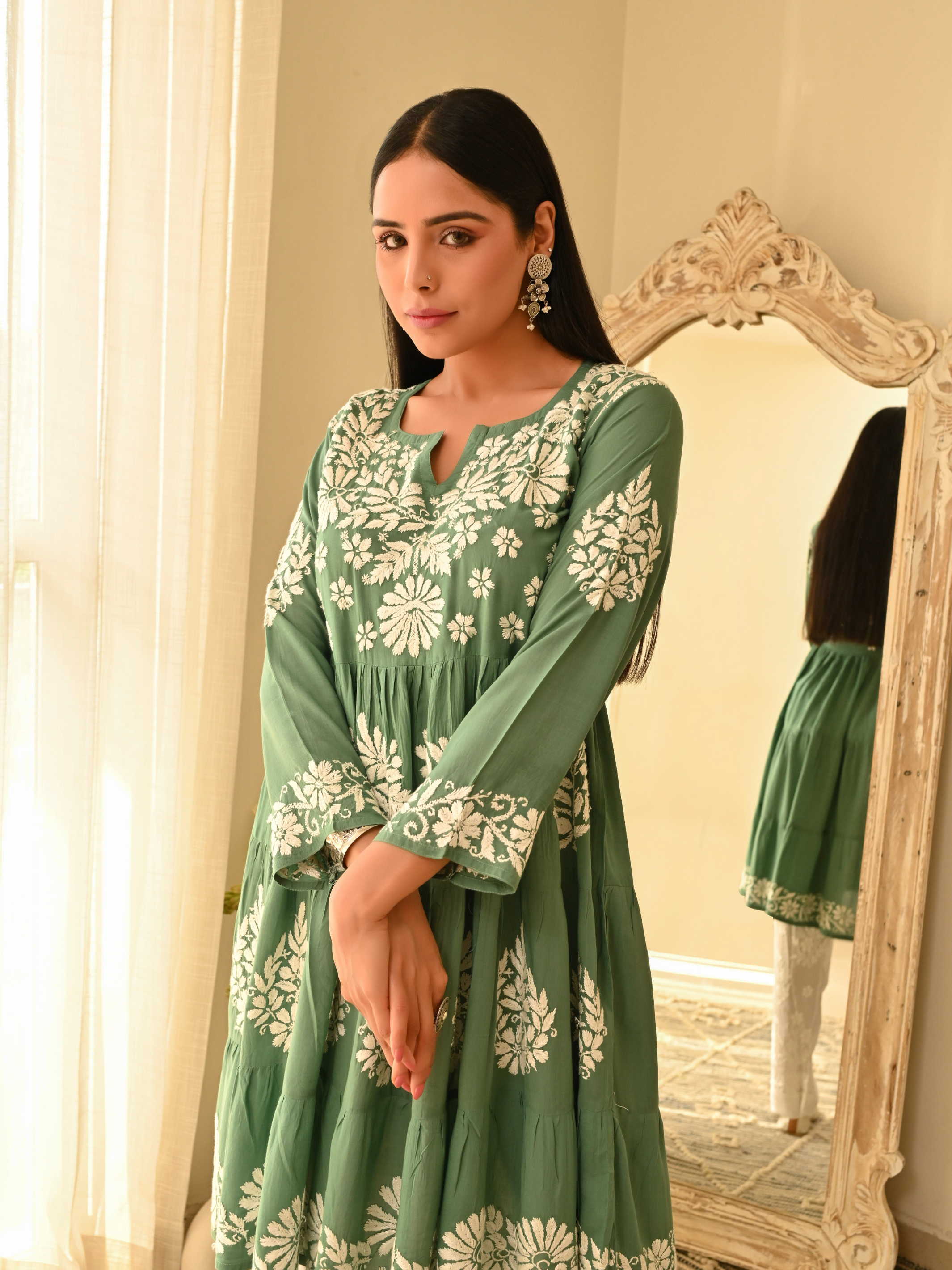 Hiba Modal Short Chikankari Anarkali - Dusty Green