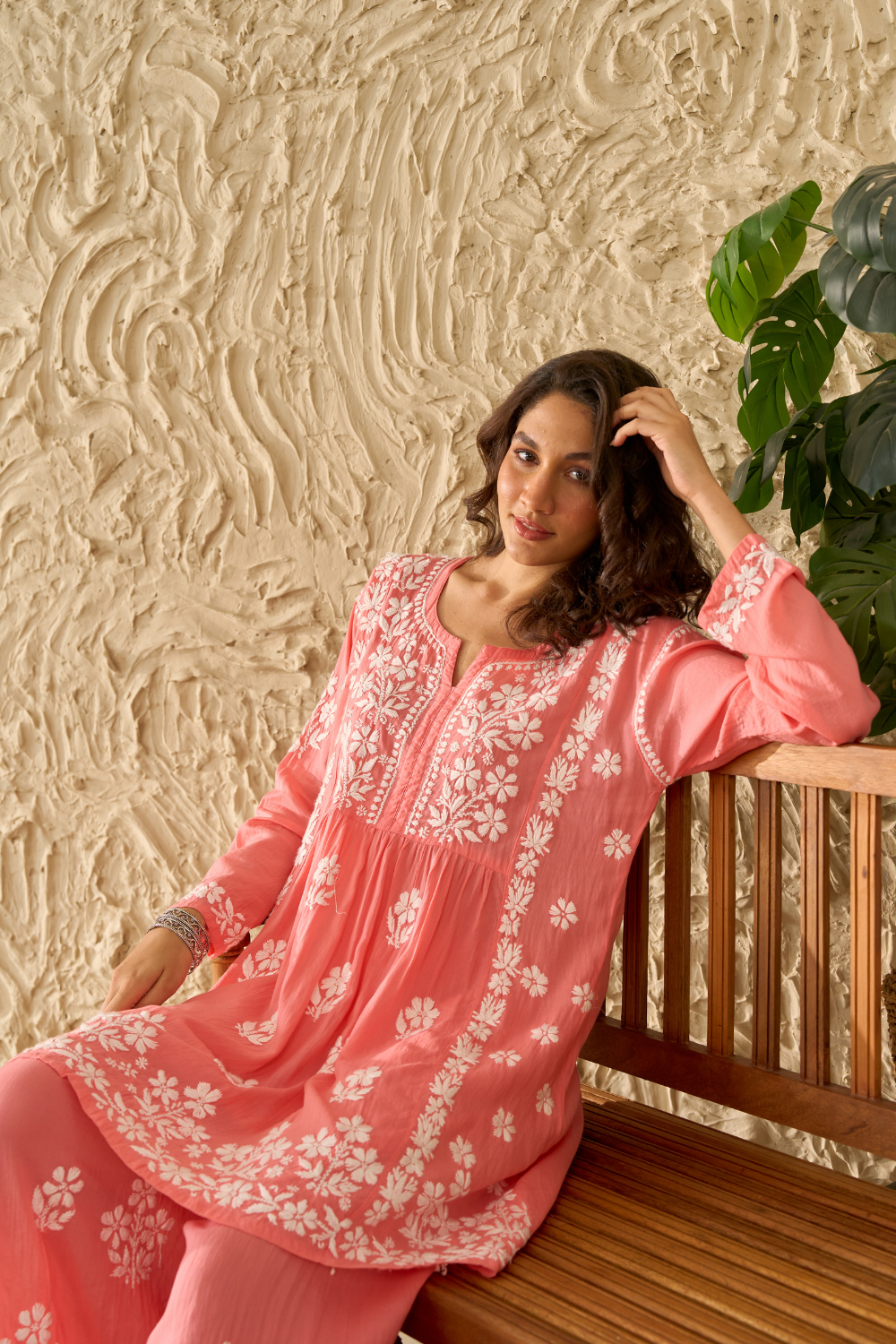 Saba Modal Cotton Chikankari Short Kurti Set - Peach