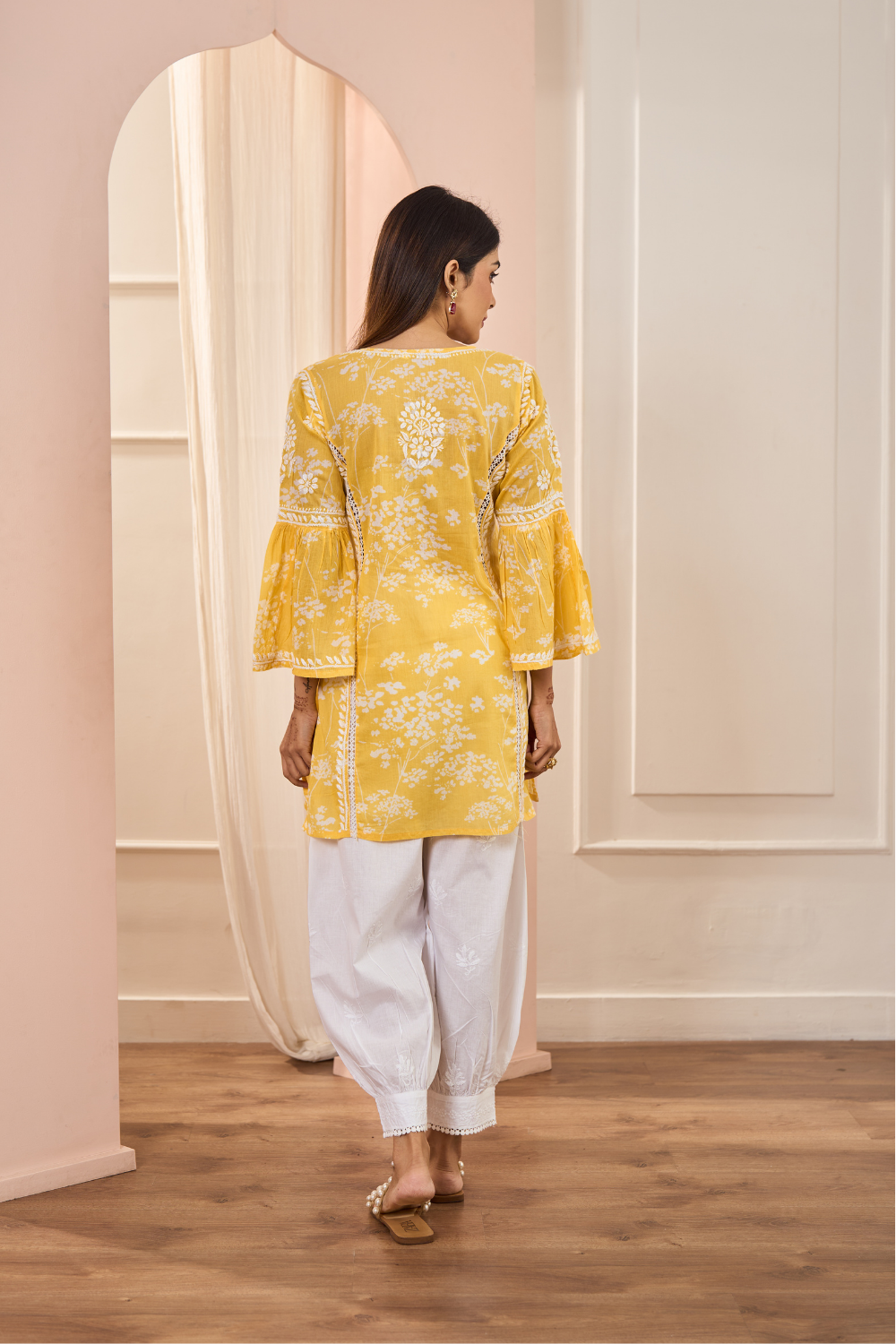 Haniya Short Mul Cotton Printed Chikankari Kurti - Yellow