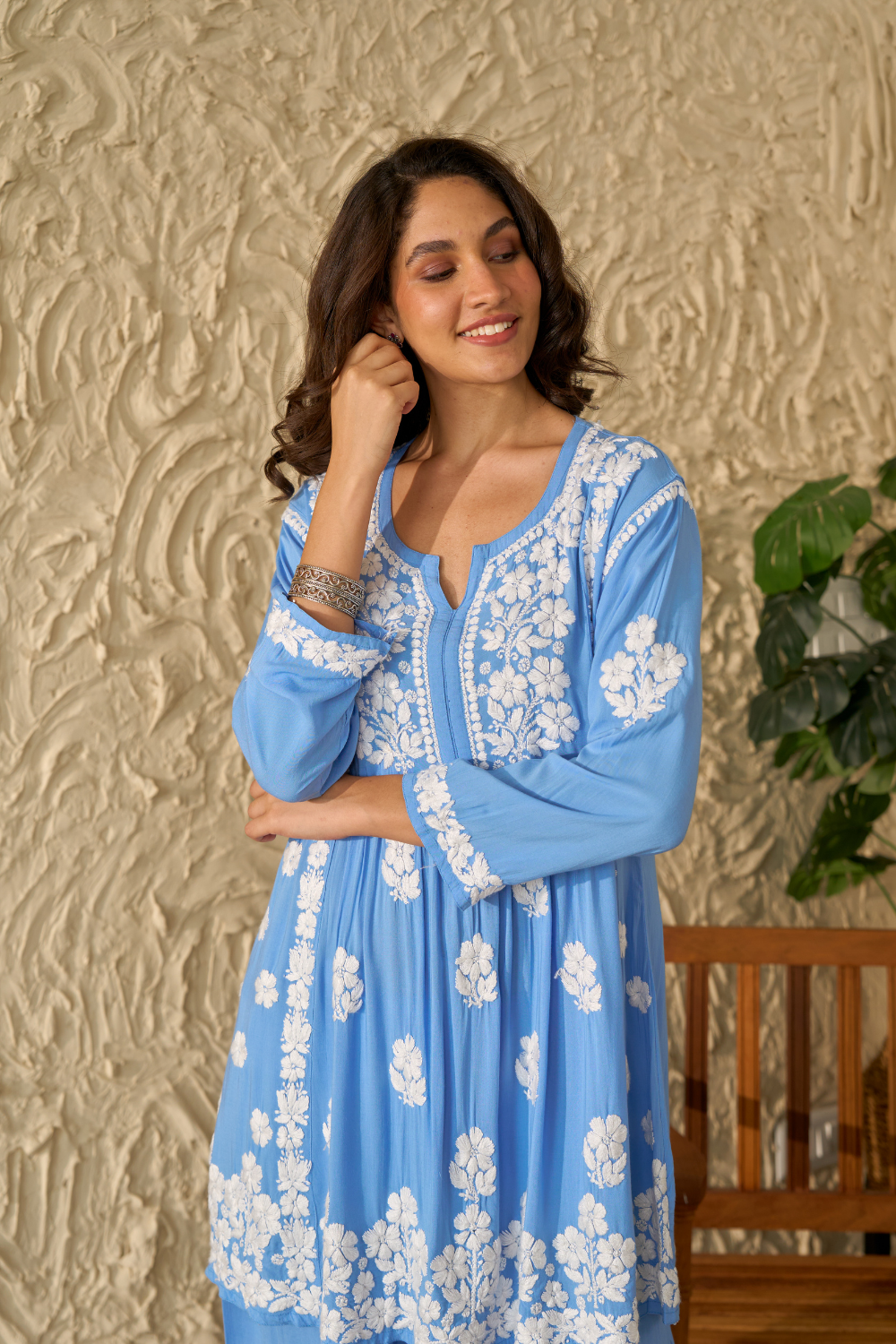 Saba Modal Cotton Chikankari Short Kurti Set - Blue