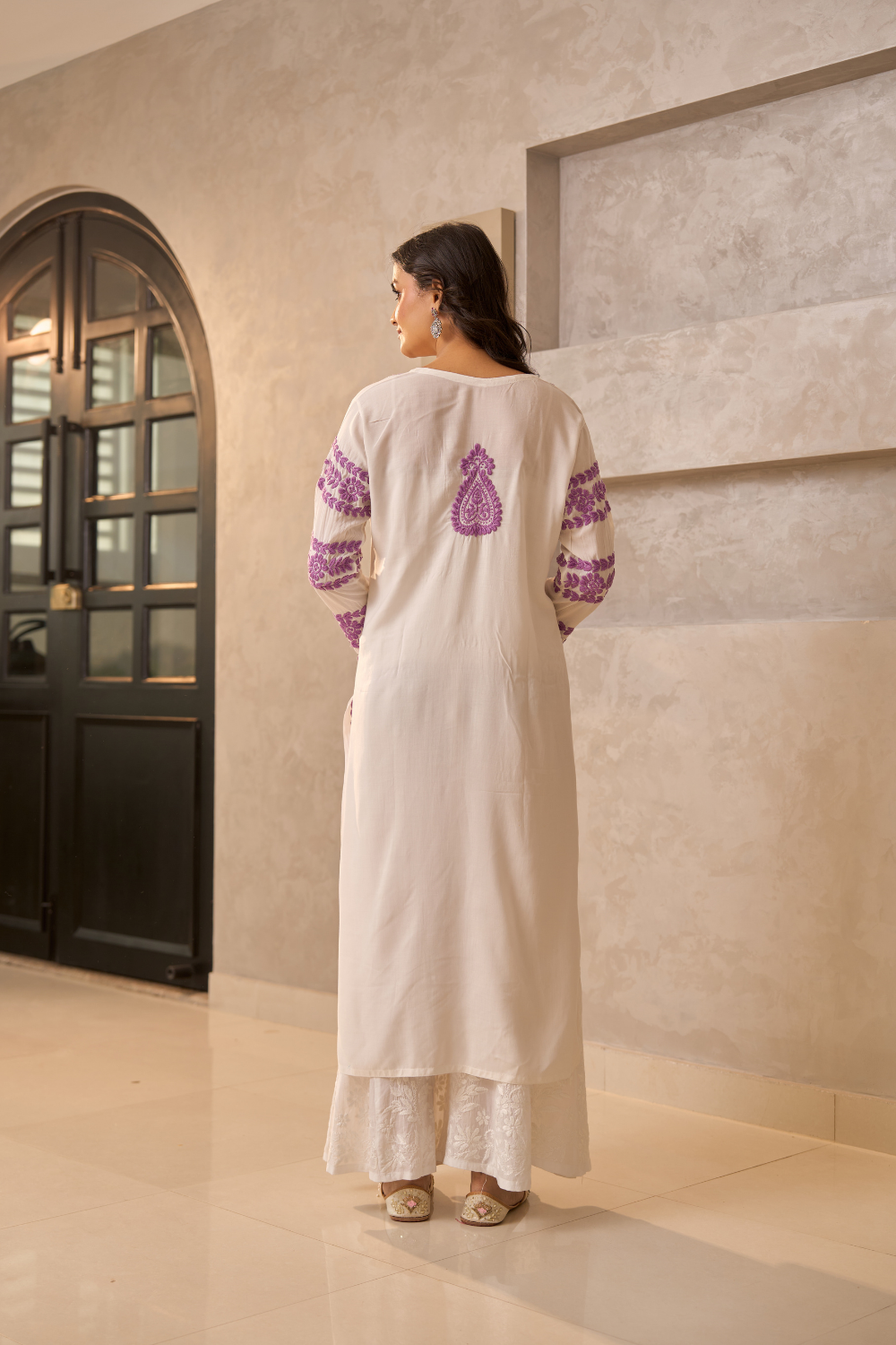 Benazir Modal Cotton Chikankari Kurti - White/Lavender