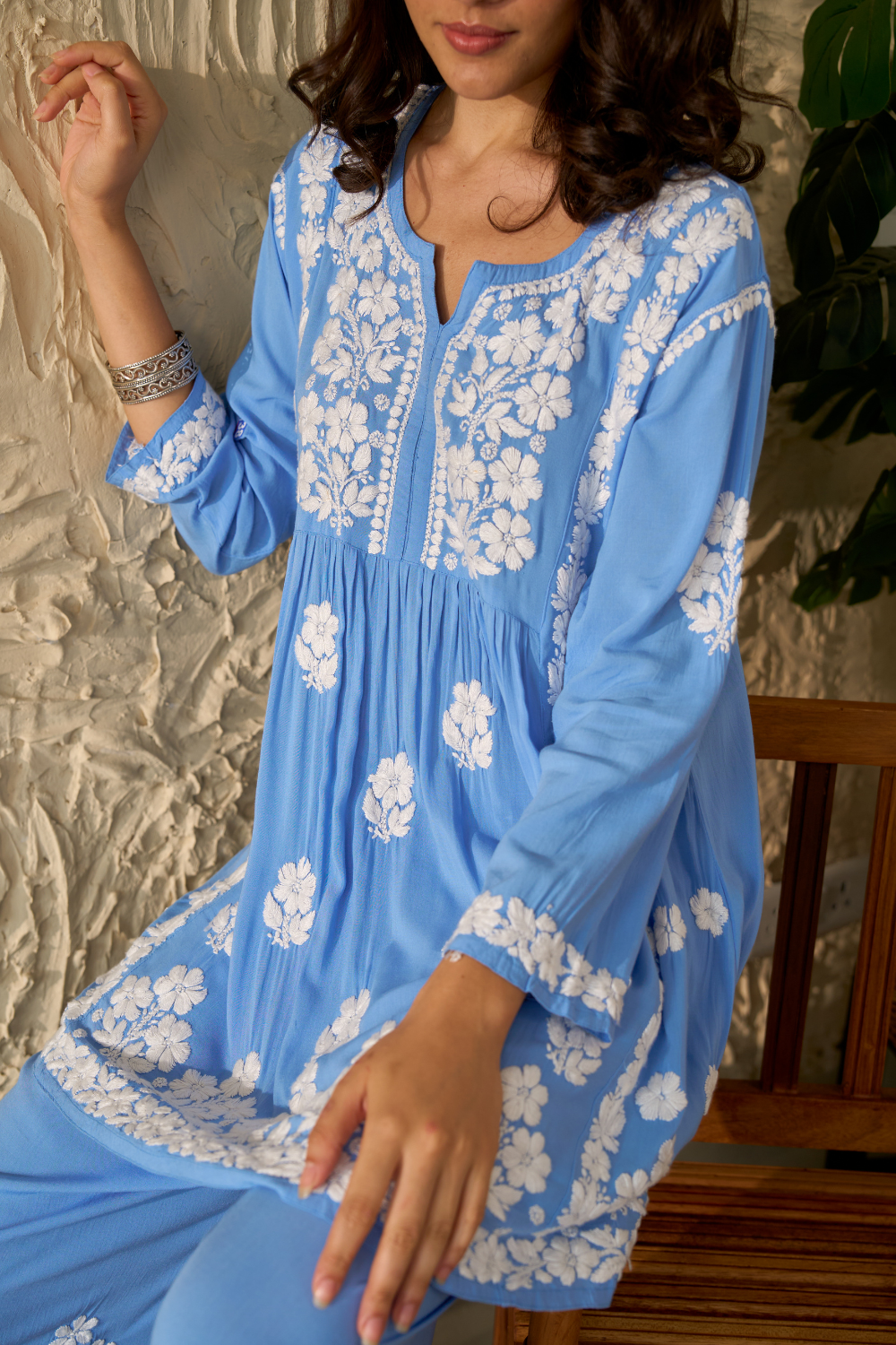 Saba Modal Cotton Chikankari Short Kurti Set - Blue