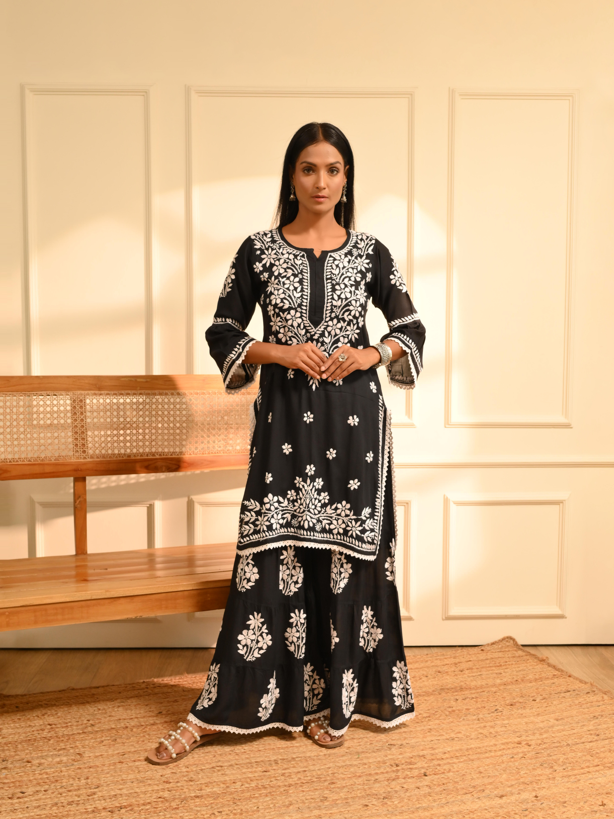 Heena Modal Cotton Chikankari Garara Set - Black
