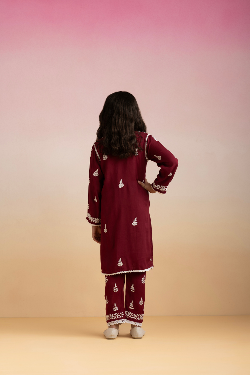 Khushi Kids Modal Angrakha Chikankari Set - Wine