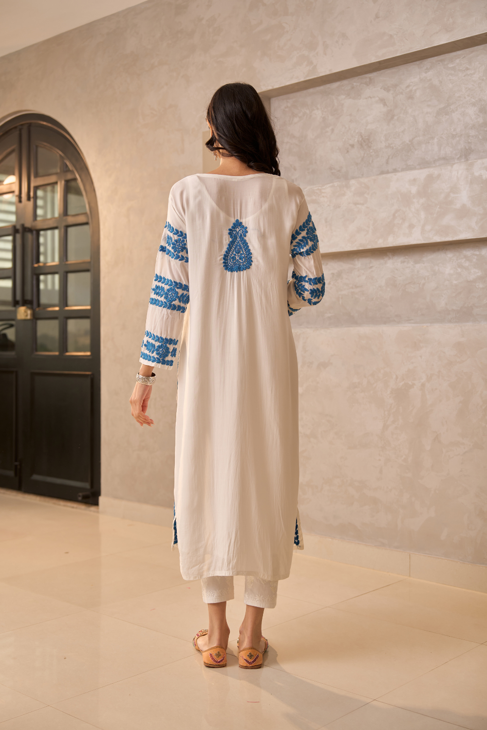 Benazir Modal Cotton Chikankari Kurti - White/Blue