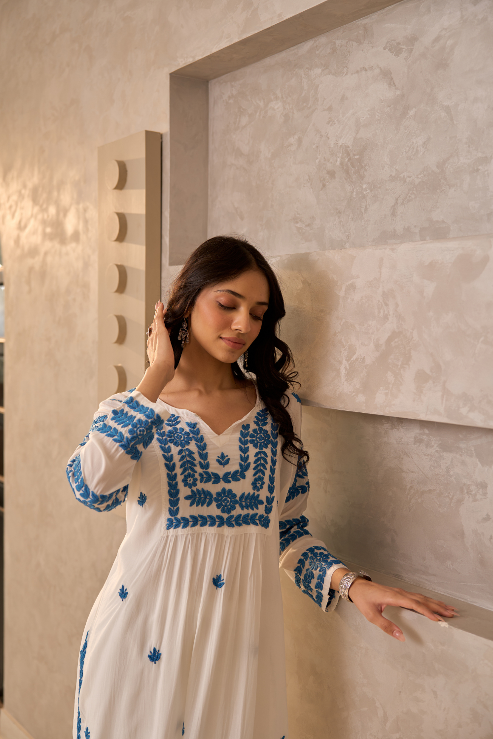 Benazir Modal Cotton Chikankari Kurti - White/Blue