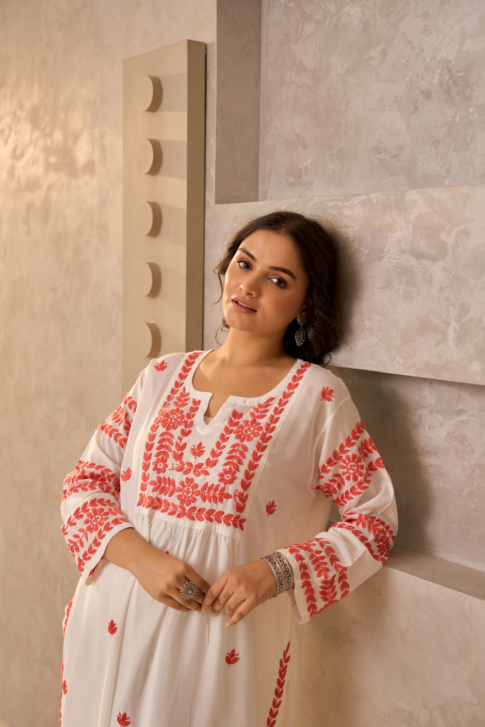 Benazir Modal Cotton Chikankari Kurti - White/Rust