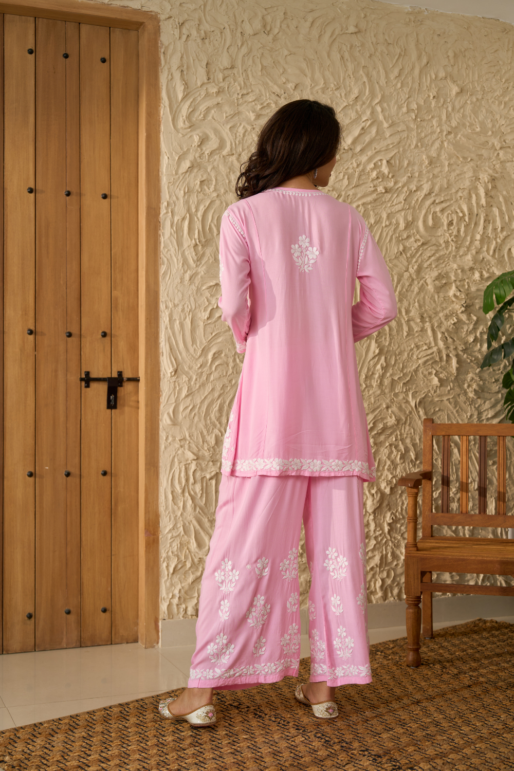 Saba Modal Cotton Chikankari Short Kurti Set - Pink