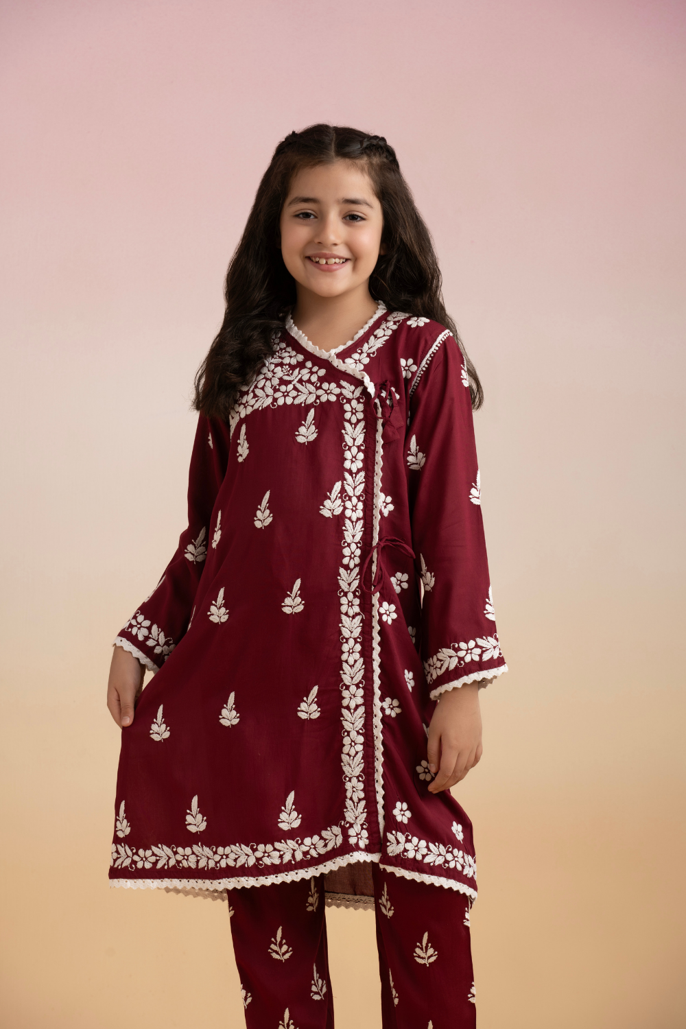 Khushi Kids Modal Angrakha Chikankari Set - Wine