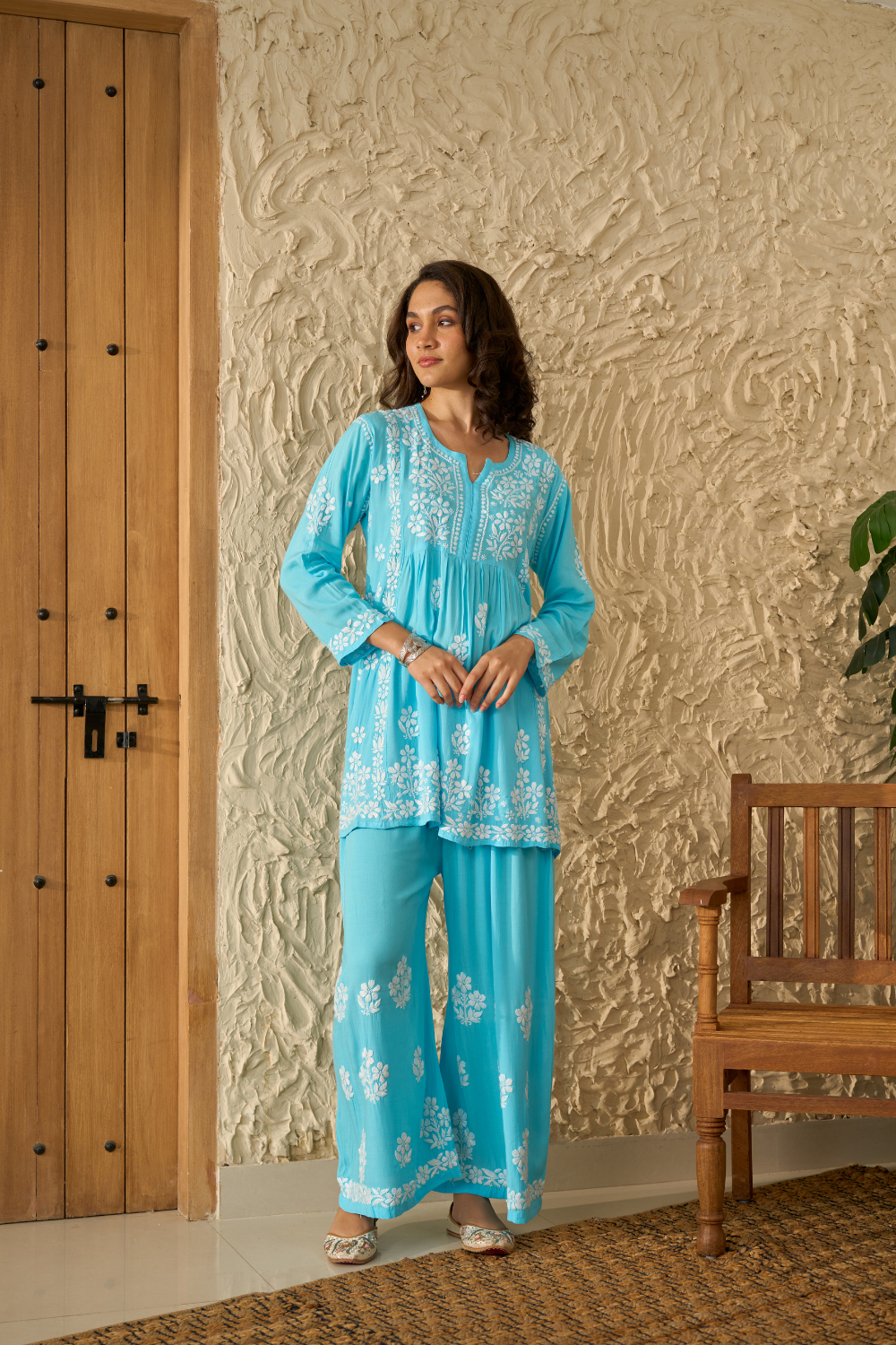 Saba Modal Cotton Chikankari Short Kurti Set - Sky Blue