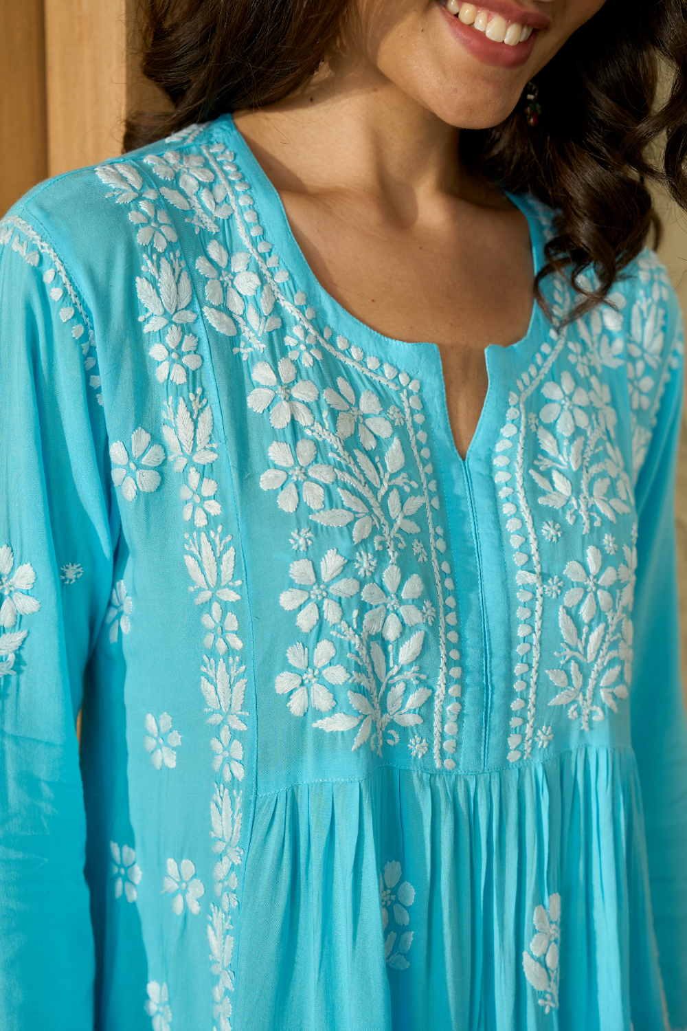 Saba Modal Cotton Chikankari Short Kurti Set - Sky Blue