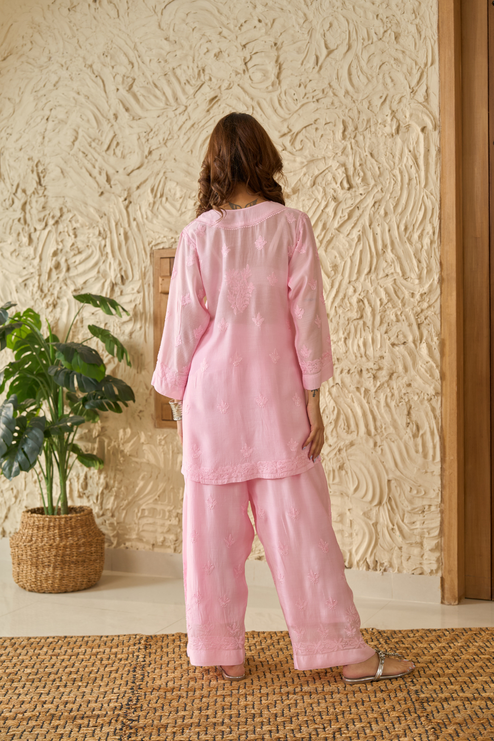 Nisha Muslin Chikankari Short Kurti Set - Pink