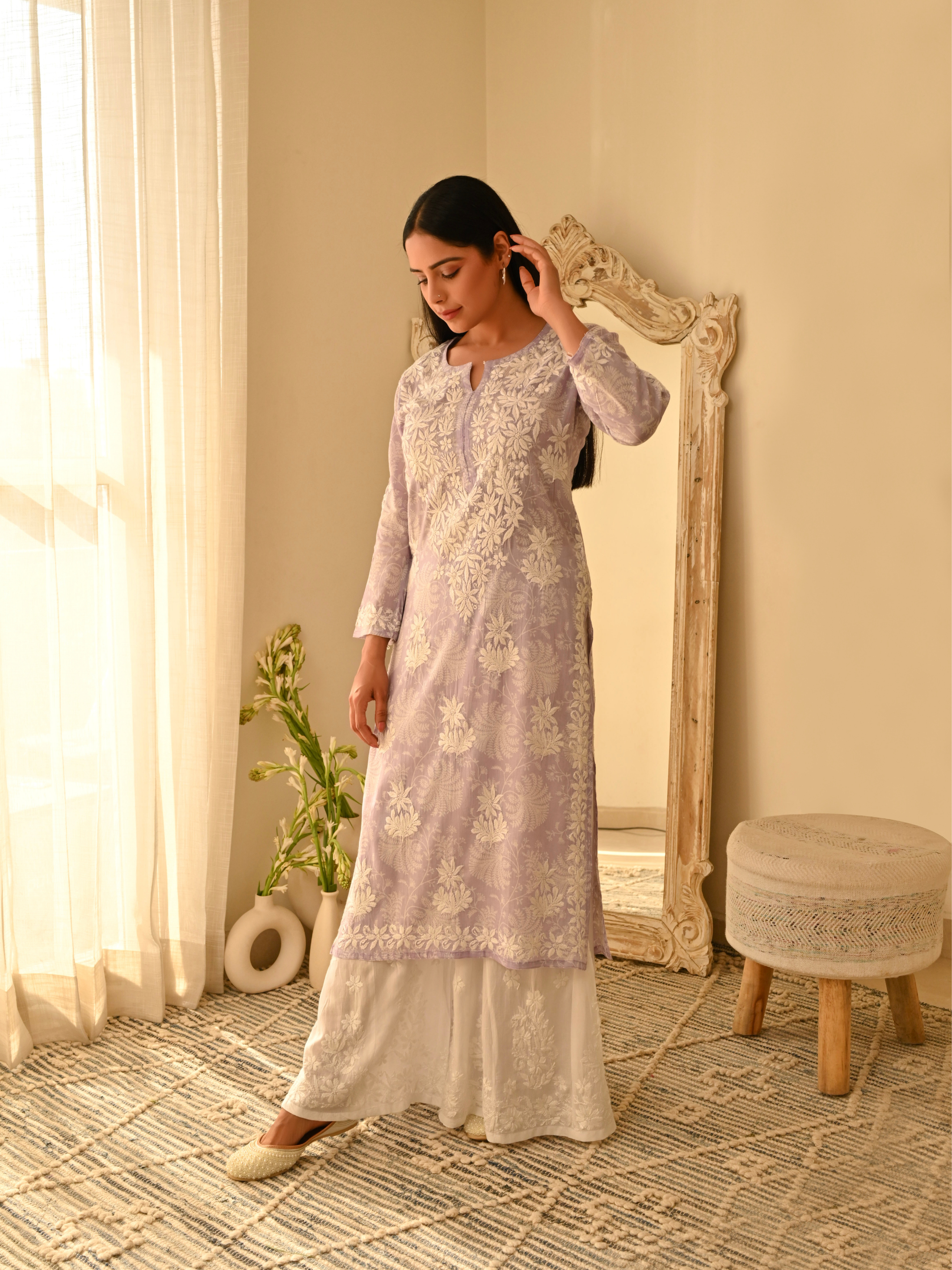 Amna Mul Cotton Printed Kurti - Lavender