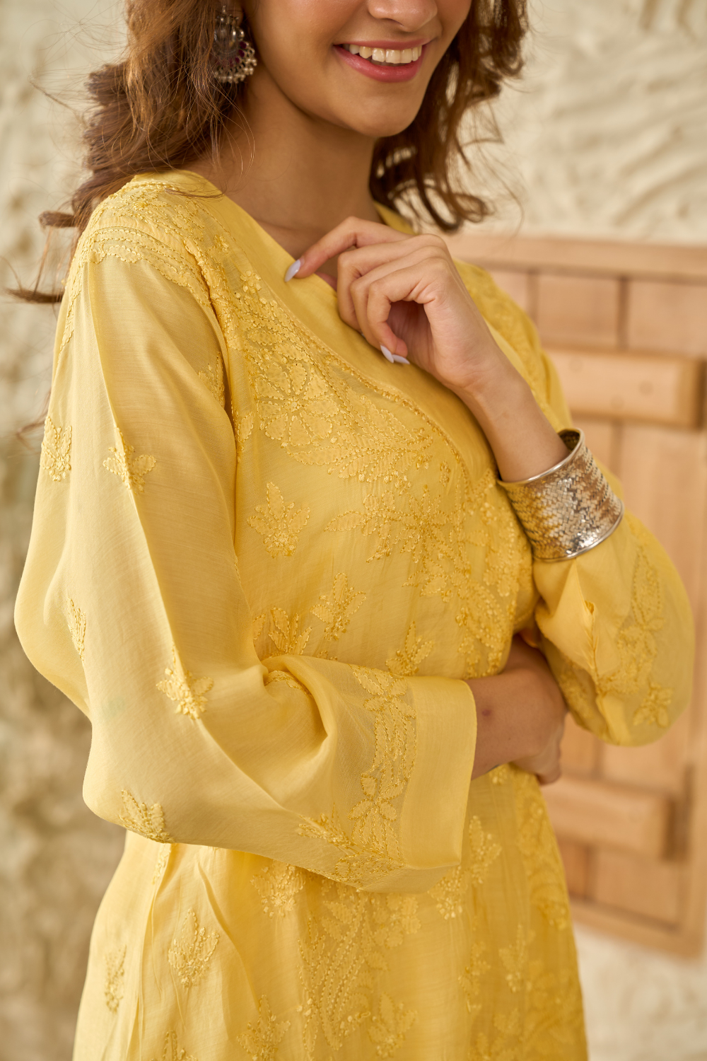 Nisha Muslin Chikankari Short Kurti Set - Yellow