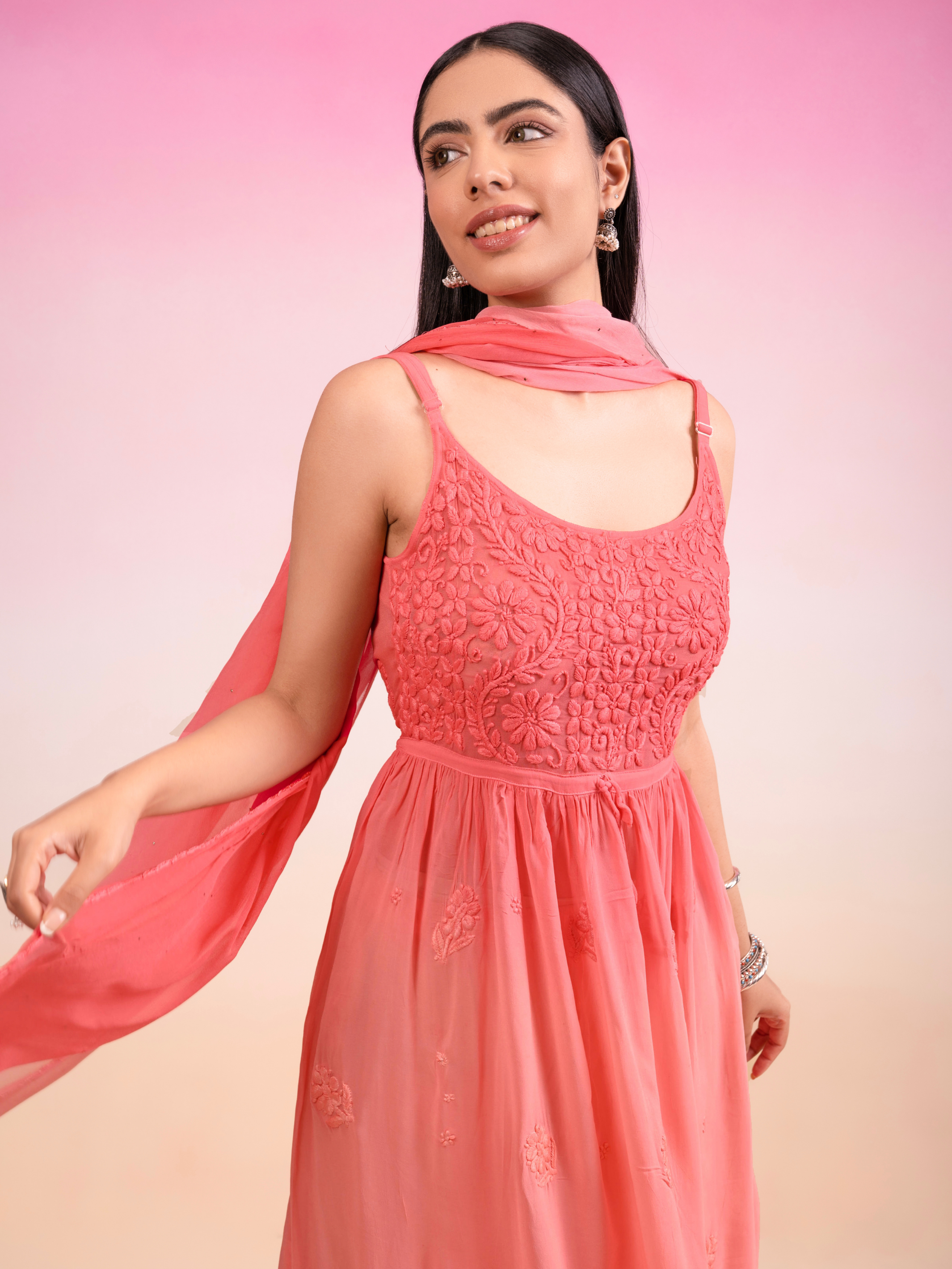 Anam Viscose Chikankari Kurti - Peach Ombré