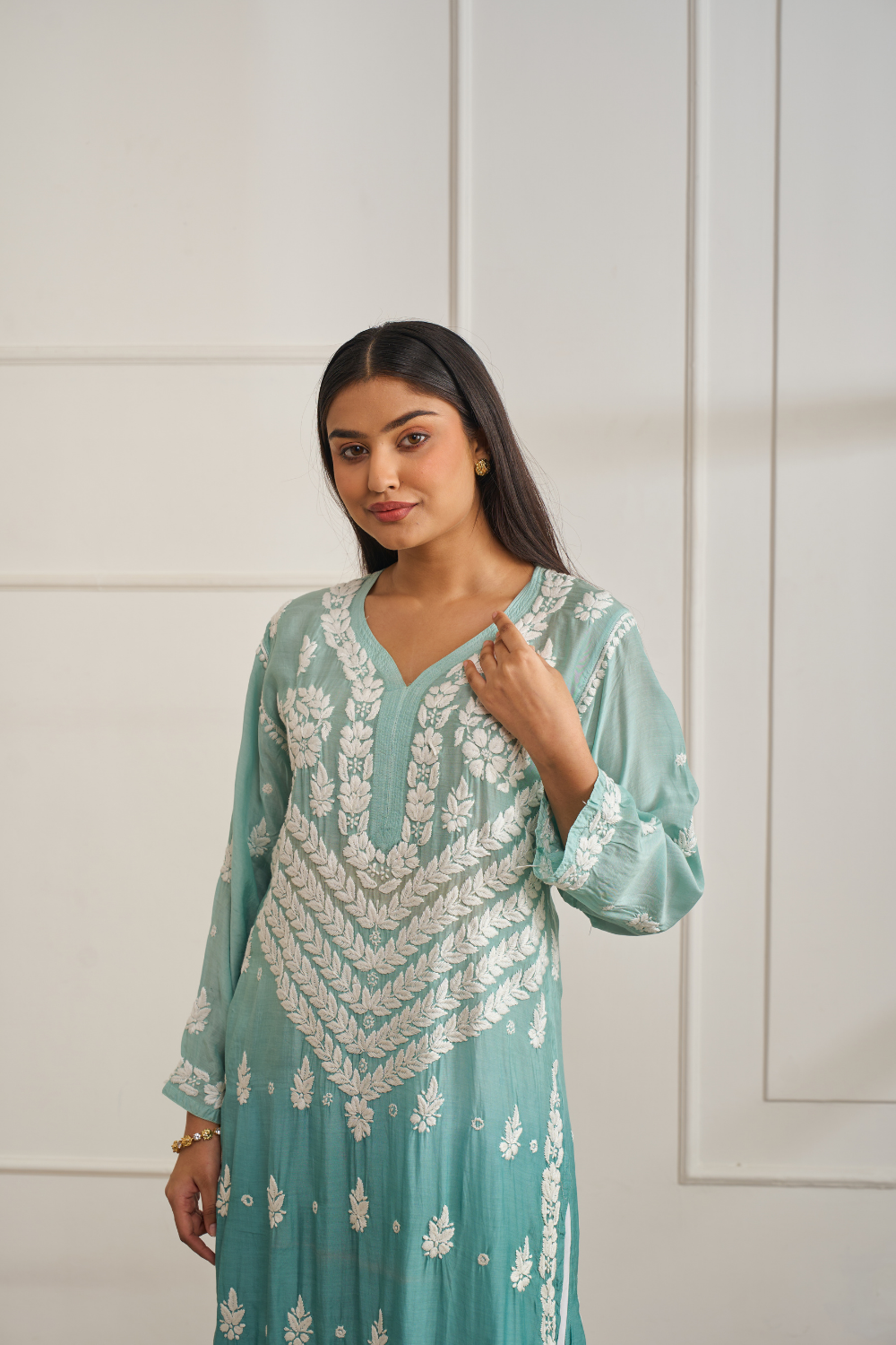 Naina Muslin Chikankari Kurti - Sea Green Ombré