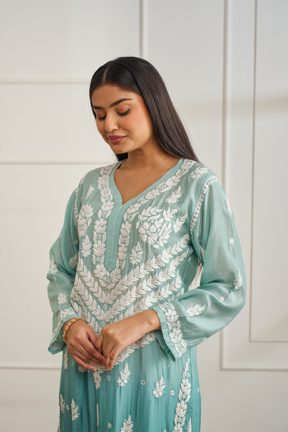 Naina Muslin Chikankari Kurti - Sea Green Ombré