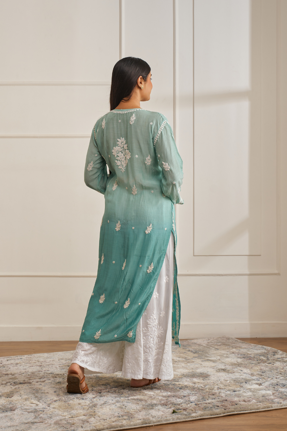 Naina Muslin Chikankari Kurti - Sea Green Ombré