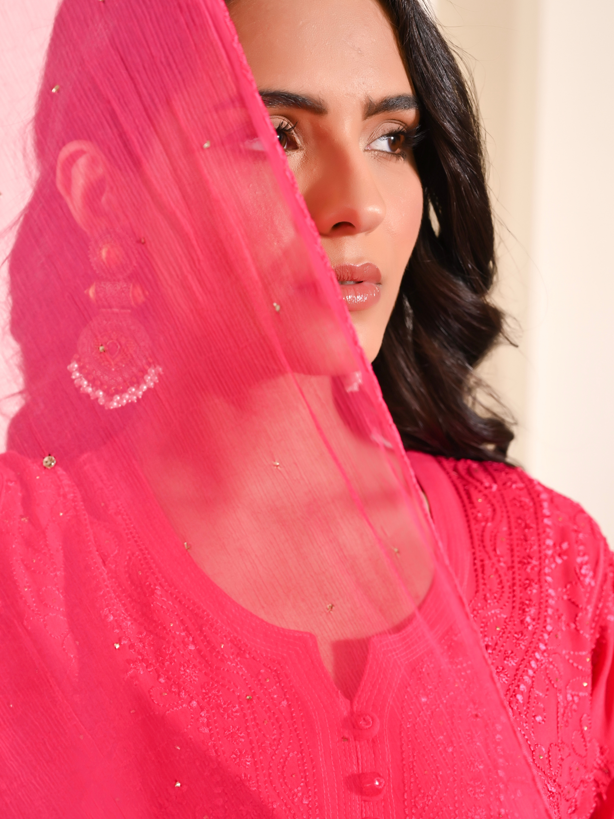 Samreen Viscose Straight Mokaish Kurti - Hot Pink