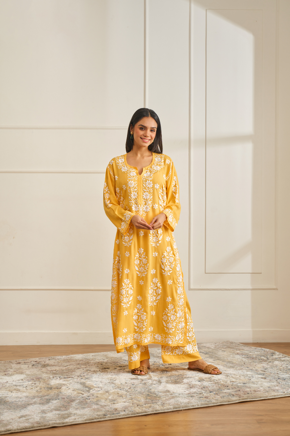 Sana Modal Cotton Chikankari Set - Yellow