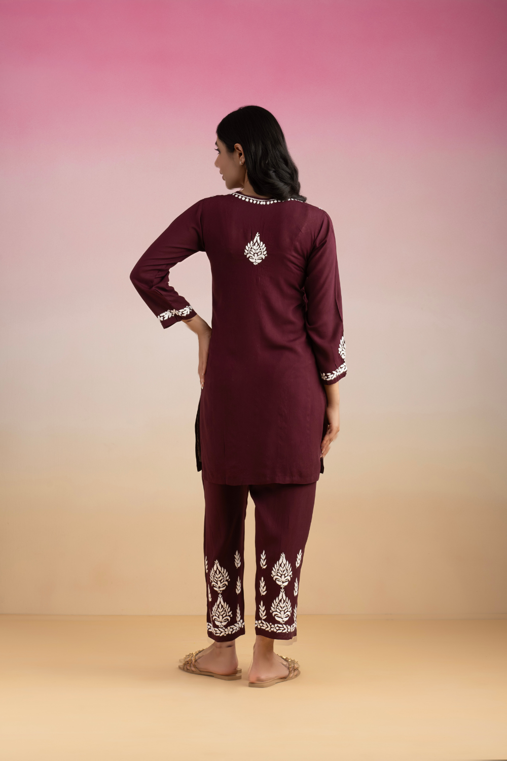 Rumi Modal Cotton Chikankari Set - Wine