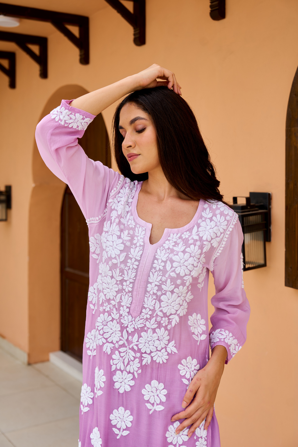 Nisha Straight Kurti Crepe Chikankari Set - Lavender Ombre