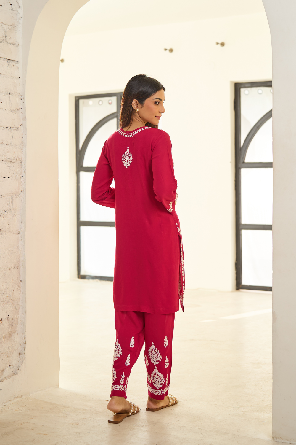 Rumi Modal Cotton Chikankari Set - Hot Pink