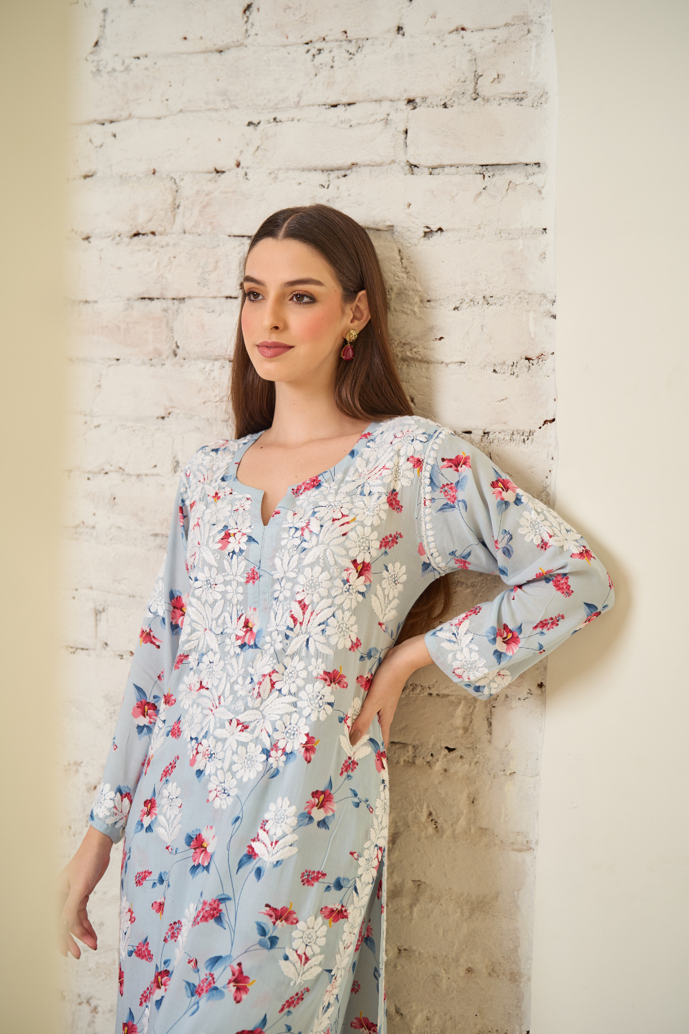 Eliza Printed Modal Chikankari Set - Blue