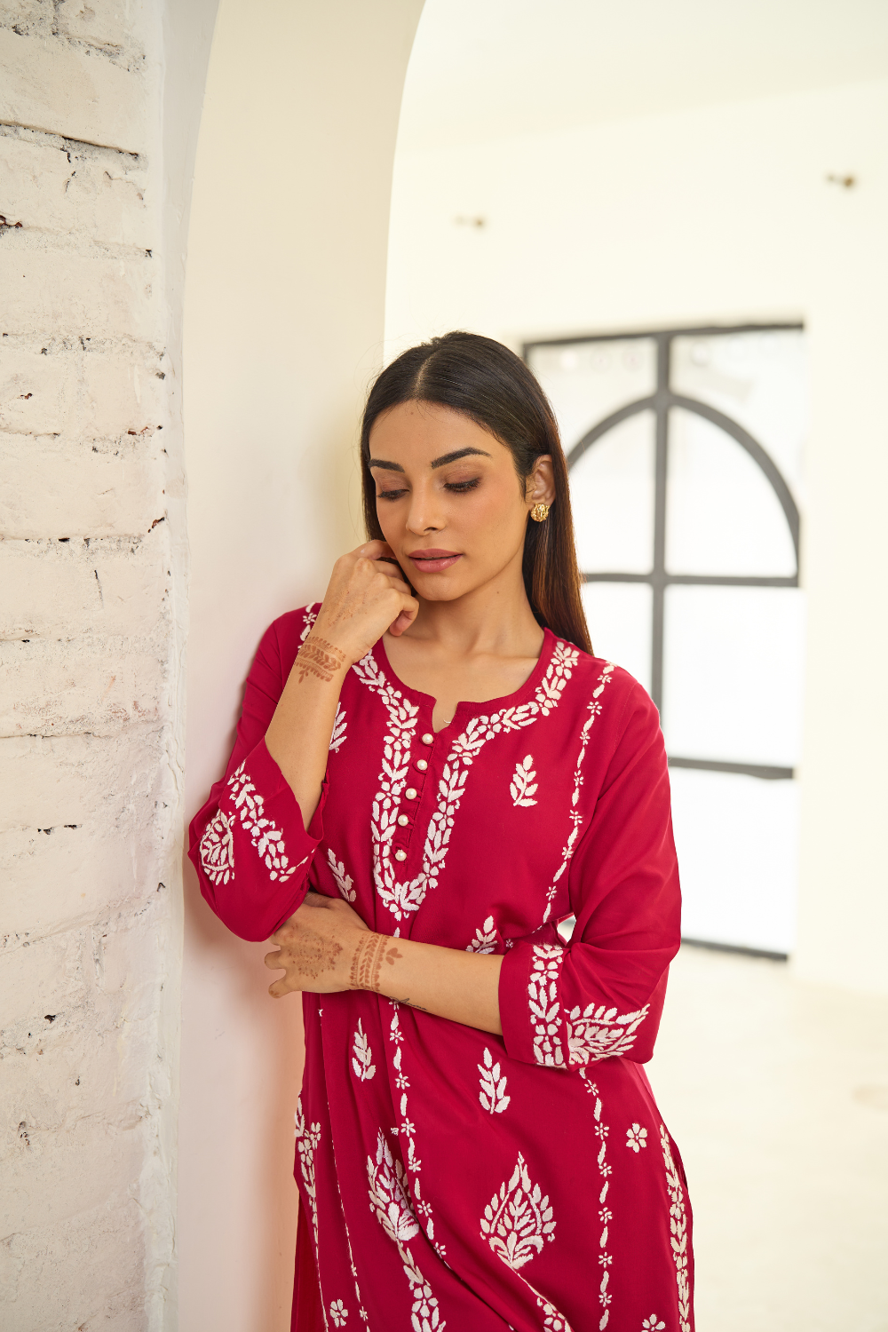 Rumi Modal Cotton Chikankari Set - Hot Pink