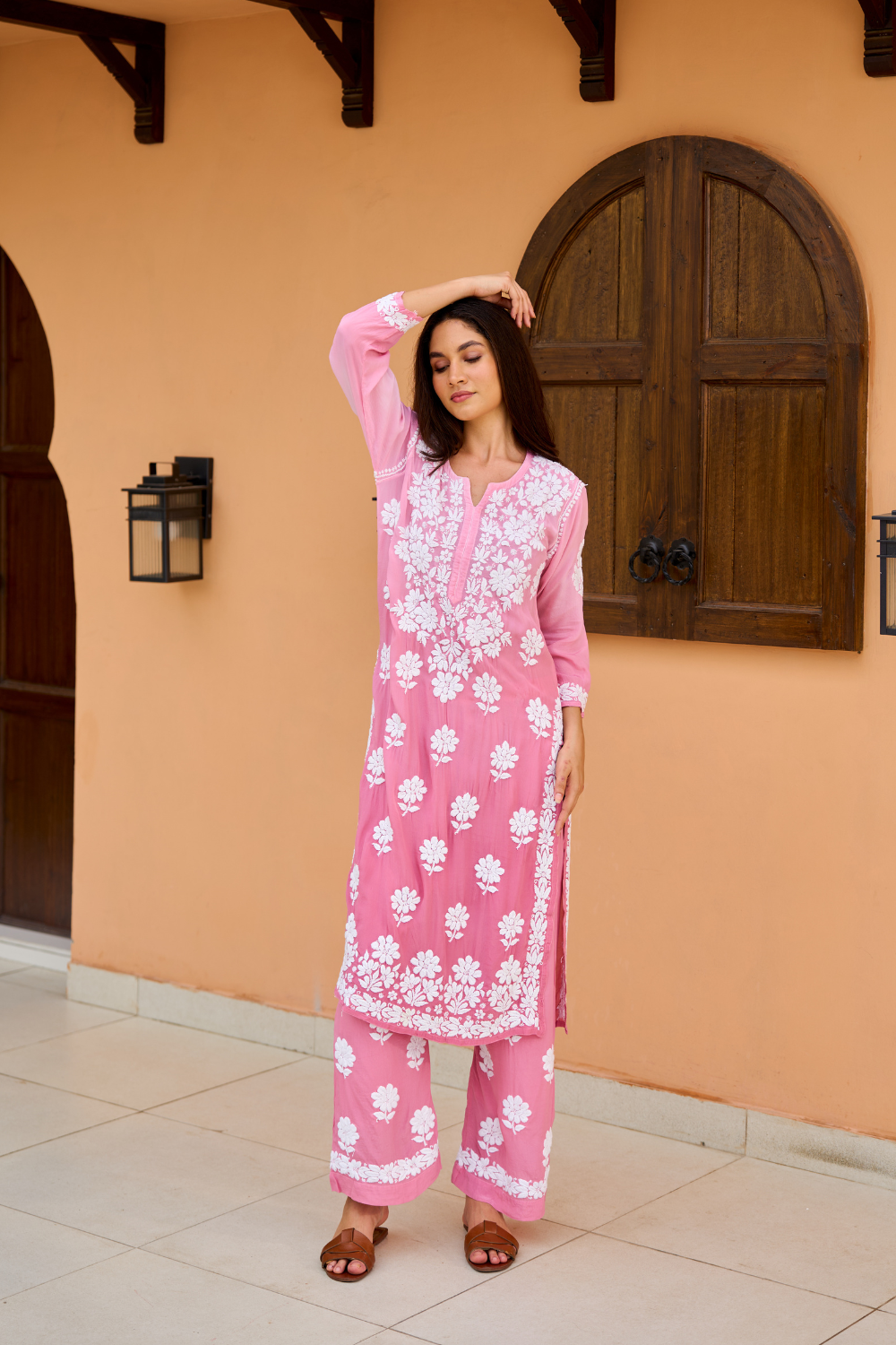 Nisha Straight Kurti Crepe Chikankari Set - Rose Pink Ombre