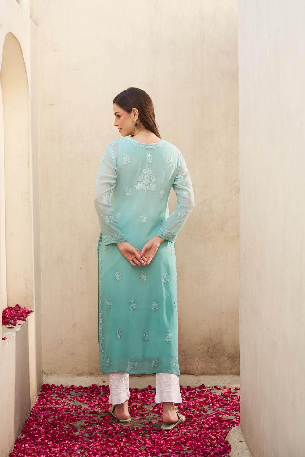 Tahira Viscose Chikankari Kurti - Dark Sea Green Ombré