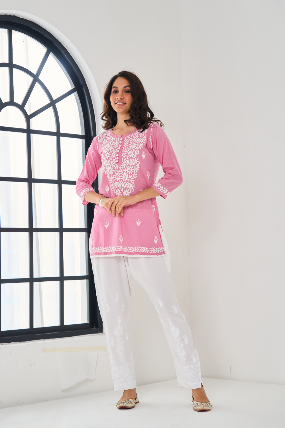 Nazia Mul Cotton Short Chikankari Top - Dark Pink