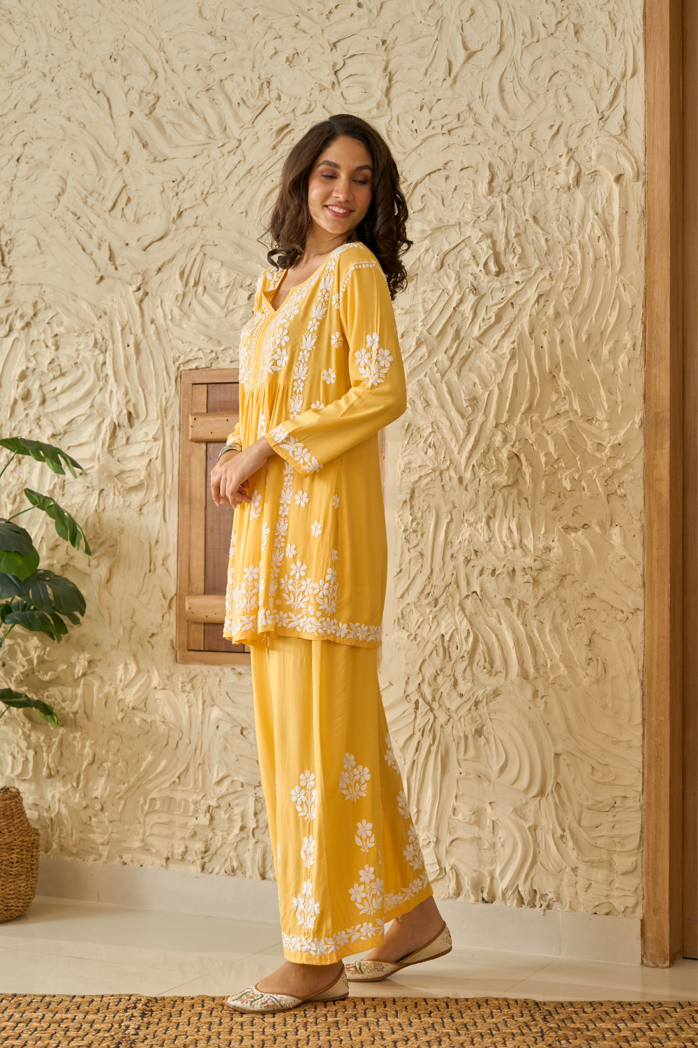 Saba Modal Cotton Chikankari Short Kurti Set - Yellow