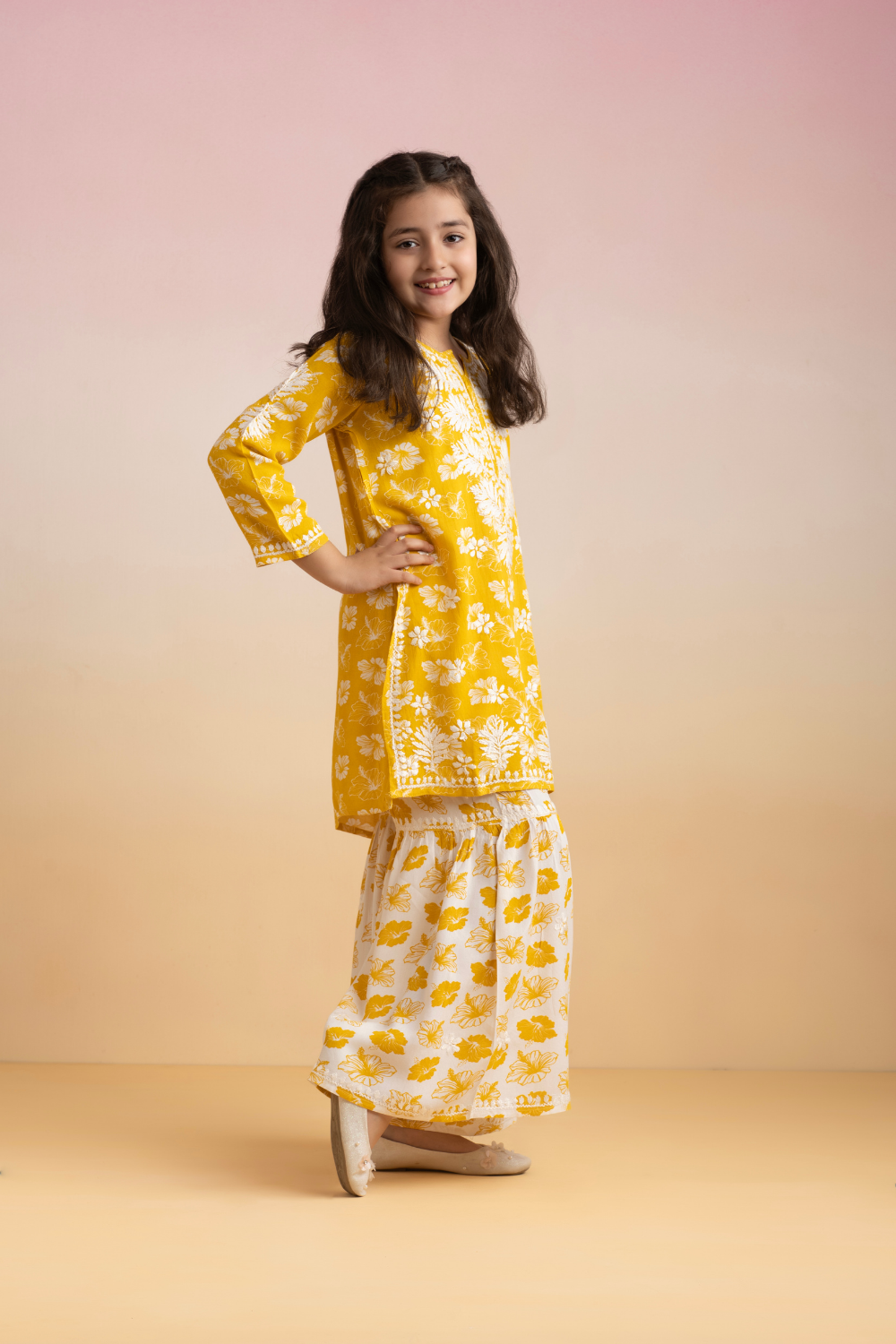 Sanya Kids Cotton Printed Chikankari Set - Yellow