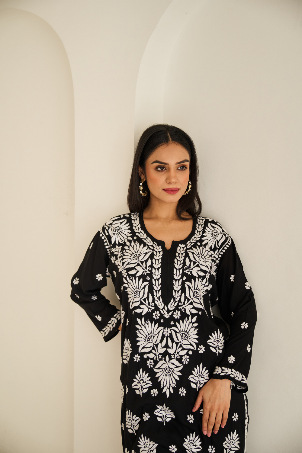 Areeba Modal Cotton Chikankari Kurti - Black