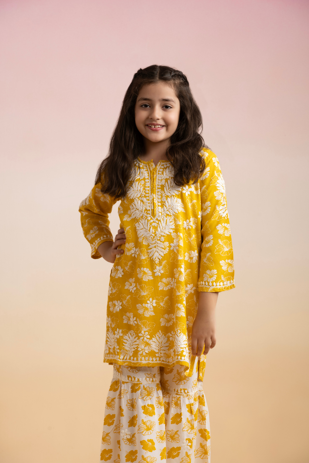 Sanya Kids Cotton Printed Chikankari Set - Yellow